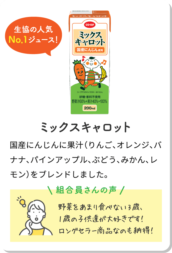 ミックスキャロット国産にんじんに果汁（りんご、オレンジ、バナナ、パインアップル、ぶどう、みかん、レモン）をブレンドしました。組合員さんの声 野菜をあまり食べない3歳、1歳の子供達が大好きです！ロングセラー商品なのも納得！